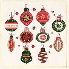 an image of christmas ornaments in red, green and gold on a white paper background