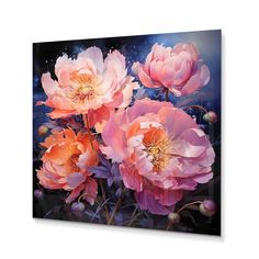 pink flowers on a black background canvas wall art print