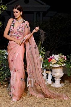 Shop for Mahima Mahajan Pink Net Floral Embroidered Saree With Blouse for Women Online at Aza Fashions Mahima Mahajan, Criss Cross Blouse, Saree And Blouse, Embroidered Saree, Embroidered Organza, Indian Couture, Organza Saree, Pink Saree, Saree With Blouse