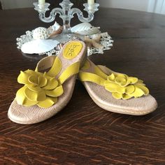 Boc: Yellow Flower Sandals Size 6 Never Worn Decorative Yellow Leather Flower Cushioned Soles Casual Floral Print Sandals For Spring, Casual Flower-shaped Sandals For Summer, Casual Summer Sandals With Flower Shape, Comfortable Yellow Flip Flops For Spring, Summer Flower-shaped Synthetic Flip Flops, Summer Flower-shaped Synthetic Sandals, Summer Flower Sandals In Synthetic Material, Flower Shaped Synthetic Heels For Summer, Synthetic Summer Heels With Flower Design