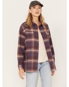 Cleo + Wolf Women's Plaid Print Oversized Long Sleeve Flannel Button-Down Shirt, Violet Fall Relaxed Fit Button-up Tops, Relaxed Fit Button-up Fall Tops, Relaxed Fit Button-up Top For Fall, Everyday Fall Shirt With Shirttail Hem, Fall Shirt With Shirttail Hem For Everyday, Oversized Flannel Shirt For Fall, Oversized Flannel Shirt For Fall Workwear, Everyday Shirt With Shirttail Hem For Fall, Shirt With Shirttail Hem For Everyday Fall