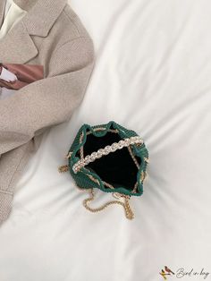 BirdinBag - Green Rhinestone Mini Drawstring Bucket Bag with Elegant Decor Green Bucket Bag For Evening, Elegant Bucket Bag With Rhinestones, Elegant Green Handheld Bucket Bag, Elegant Rhinestone Bucket Bag, Elegant Green Bucket Bag, Elegant Chain Bucket Bag, Green Details, Drawstring Bucket Bag, Elegant Decor