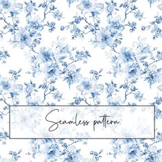 a blue flowered background with the word seamless pattern on it's bottom corner