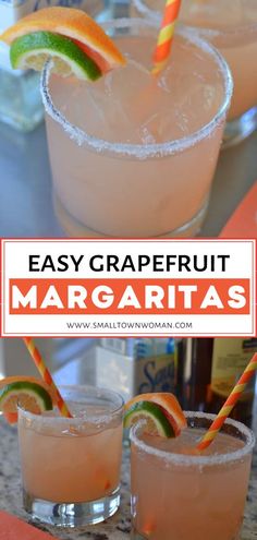 easy grapefruit margaritas with orange and lime garnish on the rim