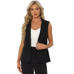 This sleeveless blazer is made of solid color and features a button-up design, flap pockets, and a notch lapel collar. Suitable for spring/fall and many occasions, such as interviewing, working, career, office, formal, business, church, and daily wear. Pair this casual blazer with skinny jeans, skirts, leggings, pants, sandals, heels, boots, and a necklace for a chic and decent look. Vest Jacket Outfit, Sleeveless Blazer Vest, Chaleco Casual, Office Suit, Sleeveless Blazer, Business Casual Work, Blazer Jackets For Women, Business Casual Outfits For Work, Womens Business Casual