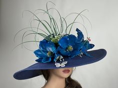 "Vogue hats are perfect for horse racing events, church, the Kentucky derby, weddings, garden tea parties and charity events. 100% Brand new, hand made and high quality. Please feel free to ask me any questions or special requests. Please visit my other shop https://www.etsy.com/shop/BridalWorldAccessory One size hat.(20\" - 22.\") Adjustable inner band. Brim is approx. 5.5\"- 6\" Thank you for visiting my shop." Blue Butterfly Party, Kentucky Derby Hats Diy, Navy Blue Butterfly, Butterfly Tea Party, Kentucky Derby Themed Party, Tea Hat, Tea Hats, Rose Headband, Hat Wedding