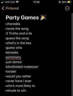 the party games list is displayed in this screenshote image, which shows how to play it