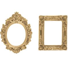 two gold frames are sitting next to each other on a white surface, one is empty and the other has an ornate design