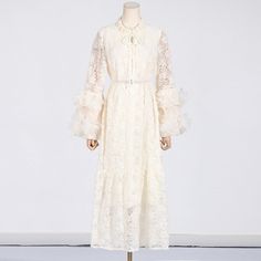 This sophisticated dress features delicate embroidery and a solid waist length design, creating an elegant and timeless look. Perfect for formal events or a night out, this dress is a must-have for any wardrobe. - Color: Beige, Pink- Style: A-line- Pattern Type: Solid- Sleeve Length: Long Sleeve- Length: Maxi- Fabric: Dacron- Details: Ruffles- Occasion: Casual, Formal- Gender: Women- Size: S, M, L, XL (Unit: cm) Size Shoulder Bust Waist Sleeve Hip Length S 38 100 102 60.5 110 130 M 39 104 106 61 Elegant Maxi Lace Dress With Lace Trim, Long Sleeve Lace Evening Dress For Banquet, Elegant Lace Patchwork Maxi Dress, Elegant Long Sleeve Evening Dress With Lace Sleeves, Elegant Gown With Lace Sleeves For Banquet, Lace Floor-length Dresses For Banquets, Long Sleeve Evening Dress With Floral Embroidery For Banquet, Elegant Spring Embroidered Cocktail Dress, Spring Lace Patchwork Dress For Banquet