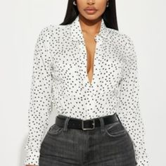 Black White Blouse. Chic Polka Dot Blouse For Workwear, Fitted Polka Dot Button-up Blouse, Fitted Button-up Blouse With Polka Dot Pattern, Elegant Button-up Polka Dot Tops, Elegant Polka Dot Button-up Tops, Polka Dot Long Sleeve Top For Night Out, Long Sleeve Polka Dot Top For Night Out, Trendy Polka Dot Top For Night Out, Polka Dot Tops For Spring Night Out