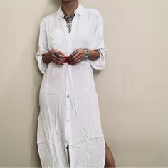 Brand New Size M Length 44” Bust 50” Long Casual Shirt Dress For Spring, Casual Long Shirt Dress For Spring, Summer Beach Maxi Shirt Dress, Long Casual Shirt Dress For Beach, Casual Long Shirt Dress For The Beach, Long White Shirt Dress For Spring, Summer Maxi Shirt Dress For Daywear, Summer Maxi Length Shirt Dress For Day Out, White Long Shirt Dress For Summer