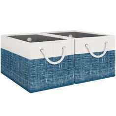 two blue and white storage bins with handles