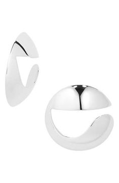 Coperni translates its 'C' logo into sculptural frontal hoops plated in polished silvertone. Post back Silvertone plate Made in Italy Modern Sphere Earrings With Polished Finish, Modern Polished Sphere Earrings, Modern Metal Open Circle Hoop Earrings, Modern Sculptural Jewelry With Polished Finish, Contemporary Metal Earrings With Polished Finish, Modern Sphere Earrings For Formal Occasions, Modern Single Sphere Earring, Modern Sculptural Jewelry, Modern Silver Metal Hoop Earrings