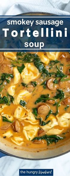 a pan filled with tortellini soup on top of a table