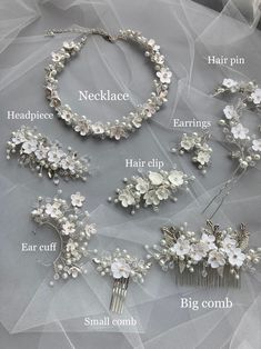 an image of wedding hair accessories on the table with words describing it's different types