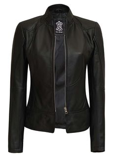 Womens Black Leather Biker Jacket Are you looking to build a cool look? Try this Womens Black biker leather jacket. This jacket is made of high-quality real leather with internal viscose lining, and there is one inside pocket and zip closure. The stand-up style collar and texture give a more vintage look. It is best for both a relaxed and incredibly stylish look. Specifications: 100% Real Lambskin Leather Jacket Internal Soft polyester lining Stand-up collar style Black in Color Also available i Black Cafe Racer, Fitted Leather Jacket, Black Leather Jackets, Asymmetrical Leather Jacket, Racer Leather Jacket, Brown Leather Jacket Men, Cafe Racer Leather Jacket, Womens Moto Jacket, Tan Leather Jackets