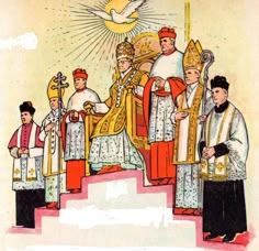 an image of priests standing on steps with the sun in the sky behind them and one person holding a cross