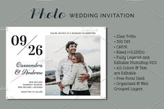 an elegant wedding card with the image of a man and woman hugging each other in front of a gray background