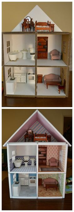 the doll house is made up to look like it has been built in two different rooms