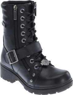 PRICES MAY VARY. Mid-calf moto boot in full-grain leather featuring lace-up vamp with logo lace charm and buckled strap Dual side zippers for easy entry Breathable mesh lining Lightweight outsole and block heel Motorcycle Riding Boots, Bike Boots, Motorcycle Boot, Women Motorcycle, Winter Leather Boots, Womens Chunky Heels, Motorcycle Riding, Harley Davidson Women, Harness Boots