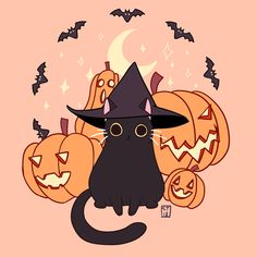 a black cat wearing a witches hat surrounded by pumpkins