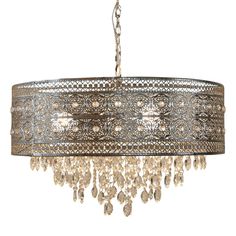 a chandelier hanging from a chain with crystal drops on it's sides