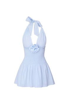 Everyone’s favorite Luisetta Halter Dress has made her return just in time for summer. This flirty mini features a halter top with knotting details on the straps, a deep v-neckline, a smocked bodice, and a slightly ruffle skirt finished with sweet crochet lace detailing at the hem. Blue Mini Dress Chiffon, 1930 Summer Fashion, Silk And Lace Mini Dress, Blue Loveshackfancy Dress, Beach Party Mini Dress, Loveshackfancy Mini Dress, Halter Ruffle Dress, Love Shack Fancy Mini Dress, Aarushi Core