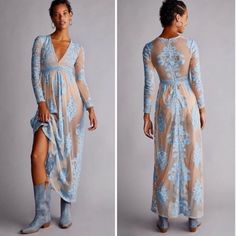 For Love And Lemons Free People Temecula Maxi Dress Xs Sheer Lace Blue Floral Textured Maxi Dress, Floral Applique Dress, White Bustier, Cutout Maxi Dress, Long Sleeve Wrap Dress, Red Dress Maxi, Lemon Dress, Silky Dress, Lilac Dress