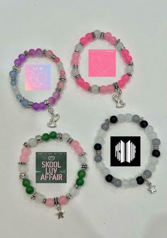 These are all pre-made bracelets inspired by different Kpop albums. These bracelets are crafted with care and attention to detail so that you have the best possible product arrive at your door! Only one of each, so the sizes they come in are the final product. Cheap Kpop Style Beaded Bracelets For Birthday, Hoshi Beads Bracelet, Kpop Friendship Bracelets, K Pop Bracelet Ideas, Kpop Bead Bracelets, Blackpink Bracelet, Jewelry Kpop, Inspired Bracelets, Skool Luv Affair