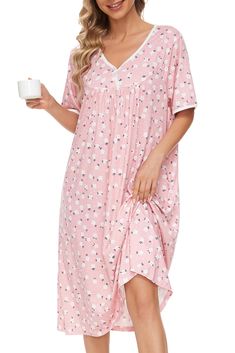 PRICES MAY VARY. night gowns for adult women is made of 35% Cotton 65%Polyester, breathable, Lightwight, Cool and Comfortable. This is a Womens nightgown for home wear and sleep, we believe it can bring you excellent comfort experience. Women's sleepwear featuring a discreet V-neck, A-line contour, short sleeves, and two pockets, features a contrast color collar and cuffs and combined with a rich print .with a beautiful pleat in the front, leaves more room for you, looks great on any body type. Diy Night Gowns For Women, Ladies Nightgowns, Womens Nightgown, Casual Gowns, Nursing Nightgown, Delivery Gown, Muumuu Dress, Night Gowns, Women Sleepwear