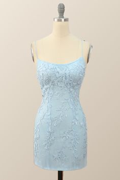 This Light Blue Lace Straps Tight Mini Dress is a dream come true for fashionistas looking for a luxurious staple piece for their wardrobe. The strappy lace spaghetti straps complete the look with a touch of elegance, while the bodycon silhouette hugs every curve in all the right places. The romantic lavender color is perfectly balanced out by the lace material and lace-up back, creating a stunning, mini-length piece that is sure to be show-stopping. Light Blue Homecoming Dresses, Teal Cocktail Dress, Fancy Short Dresses, Sweep Train Prom Dress, Dresses Fancy, Mini Prom Dresses, Color Lavanda, Satin Homecoming Dress, Mini Dress Outfits