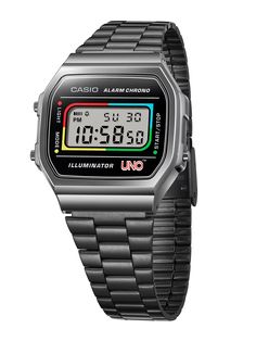 Introducing a one-of-a-kind design that brings together the nostalgia of Casio and the classic card game sensation you know and love, Mattel’s UNO™! This singular collaboration begins with the popular vintage style of the A168 watch and features an UNO™ motif that honors the game’s classic 1979 design. The dial is adorned with the colors of the almighty Wild card — giving the player the choice of red, blue, yellow, or green. Activate the EL backlight and see the word “Wild” appear on the LCD. Th Digital Analog Watch, Casio Ae1200 Mod, Casio Aq 800, Casio Ae1200whd, Classic Card Games, Casio A158wa-1, Digital Watch, Classic Theme, Card Games