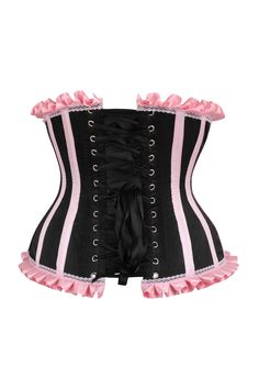 Under bust corset made of premium satin fabric Hidden side zipper closure Spiral Steel boning throughout Flat steel boning in the back Lace-Up Back for cinching Dry Clean Only Fitted Underbust Pink Corset, Fitted Pink Underbust Corset, Pink Fitted Underbust Corset, Coquette Underbust Corset For Costume Party, Satin Overbust Corset With Ruffles, Pink Underbust Corset With Boning, Pink Overbust Corset Dress For Costume, Strapless Ruffled Corset For Costume Party, Stretch Underbust Corset For Costume Party