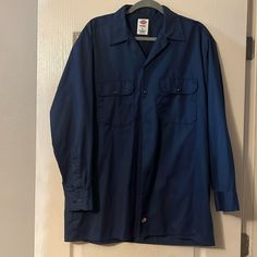 Nwot Men’s Dickies Work Shirts-2. Long Sleeve Button Down Navy. Large. Pockets. Navy Button-up Shirt With Pockets, Blue Cotton Dress Shirt With Pockets, Solid Color Dress Shirt With Pockets For Work, Solid Dress Shirt With Pockets For Work, Casual Navy Dress Shirt For Work, Navy Long Sleeve Shirt For Work, Navy Shirt With Buttons For Workwear, Navy Long Sleeve Shirt With Button Cuffs, Casual Navy Button-up Dress Shirt