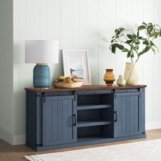 a living room with a blue entertainment center and potted plant on the top shelf