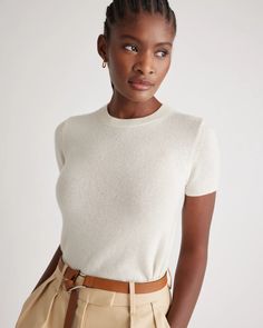 Cashmere Tee | Quince Classic Crew Neck Cashmere T-shirt, Cream Cashmere Fine Knit Top, Cream Fine Knit Cashmere Top, Classic Beige Cashmere Tops, Beige Cashmere Tops For Everyday, Everyday Beige Cashmere Tops, Fine Knit Cashmere T-shirt Short Sleeve, Classic Fine Knit Cream Tops, Classic Cream Fine Knit Tops