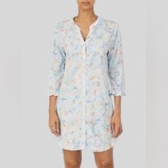 Nwot Lauren Ralph Lauren. Button Down Sleep Shirt. No Collar. Ruffled 3/4” Sleeve Length. Color Aqua Print. Purchased At Macys. 2 Avail. One Small And One Medium. Purchased Before A Procedure But Never Needed Or Worn. Has Been Washed Once In Tide Free And Clear Detergent. Purchased At Macy’s. Lovely Happy Floral Print Light Blue Background With Coral And Light Peach Flowers. 60% Cotton. 40% Rayon. Runs True To Size. Great Condition Never Worn Just Washed Why No Tags. Just Never Needed After Surg Blue Spring Sleepwear With Button Closure, Spring Blue Sleepwear With Button Closure, Blue Button Closure Sleepwear For Spring, Spring Long Sleeve Sleepwear With Buttons, Spring Sleepwear With Buttons And Long Sleeves, Long Sleeve Sleepwear With Buttons For Spring, Spring Sleepwear With 3/4 Sleeves, White Button-up Sleepwear For Spring, Button Down Sleep Shirt