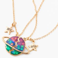 All the powers in all of the galaxy couldn't pull you and your bestie apart! Share that bond in matching style with this pair of best friends necklaces featuring adorable star "BFF" charms. Best of all: they glow in the dark! Finish: Gold-tone Length: 16" + 3" extender Closure: Lobster clasp Pack Size: 2 Material: Metal - Claire's Best Friends Glow In The Dark Outer Space Split Pendant Necklaces - 2 Pack قلادات متدلية, Bff Necklace, Bff Jewelry, Best Friend Necklace, Friendship Necklace, Bff Necklaces, Friend Jewelry, Best Friend Jewelry, Best Friend Necklaces