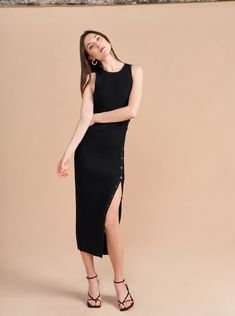 Lucinda Dress – La Ligne Chic Ribbed Midi Dress For Daywear, Ribbed Knit Dresses For Day Out, Chic Ribbed Daywear Dress, Chic Stretch Dresses With Button Closure, Chic Ribbed Dress For Daywear, Chic Ribbed Day Dress, Ribbed Dresses For Daywear, Casual Ribbed Dress For Daywear, Stretch Midi Dress With Buttons