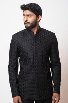 Shop for Paarsh Black Tricot Sonar Trigger Embroidered Bandhgala Set for Men Online at Aza Fashions Designer Black Nehru Jacket With Chikankari Embroidery, Black Fitted Sherwani For Ceremonial Occasions, Black Fitted Kurta For Diwali, Black Nehru Jacket For Ceremonial Festive Occasions, Festive Black Bandhgala With Chikankari Embroidery, Fitted Black Traditional Wear With Resham Embroidery, Black Long Sleeve Bandhgala For Diwali, Black Nehru Jacket With Chikankari Embroidery For Ceremonial Occasions, Black Bandhgala For Ceremonial Festive Occasions