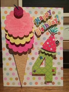 a birthday card with an ice cream cone and number four on it's side