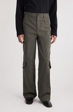 Angled flap pockets put a fresh slant on utility style with these cargo pants crafted of cotton. 30 1/2" inseam; 22" leg opening; 13 1/2" front rise; 16 1/2" back rise (size 46EU) Zip fly with button closure Front slant pockets; cargo button-flap pockets; back button-flap pockets 100% cotton Machine wash, line dry Imported Designer Clothing Military Style Cotton Cargo Pants With Flap Pockets, Straight Leg Cotton Cargo Pants With Flap Pockets, Military Cotton Cargo Pants With Flap Pockets, Full Length Military Cotton Cargo Pants, Military Style Cotton Pants With Flap Pockets, Military Style Cotton Work Pants With Multiple Pockets, Military Style Cotton Work Pants With Cargo Pockets, Military Cotton Cargo Work Pants, Military Style Cotton Bottoms With Flap Pockets