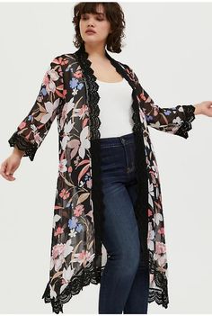 An Airy Chiffon Kimono Has Crochet Trim, Long Sleeves And Captivating Movement That Makes This The Perfect Third Piece To Any Breezy Outfit. Size Available 1/2, 3/4 Chiffon Fabric Open Front 3/4 Sleeves Crochet Trim Hi-Lo Hem Polyester #R40 #B67 Color Uva, Gilet Kimono, Breezy Outfit, Crochet Kimono, Plus Size Kimono, Chiffon Kimono, Floral Crochet, Cropped Denim Jacket, Floral Kimono