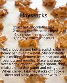 chocolate chip cookies with peanut butter frosting in the middle on a baking sheet, labeled haystacks