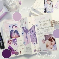 an open book with pictures and other items surrounding it on a white surface, surrounded by purple circles