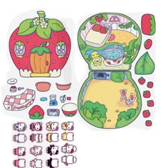 an assortment of stickers and decals for children's crafts, including a strawberry shaped