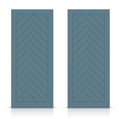 two blue doors with an arrow pattern on the top and bottom, both opened to reveal a