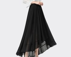 * A beautiful chiffon skirt, have 2 layers, one layer chiffon and one layer lining, not sheer at all. * Quality pearl chiffon fabric, soft, breathing and easy care. * Asymmetrical hem, it moves very beautifully when you walk. * Support 7 days return to get full refund on item without any reason. * Can custom size and colors, lead time is 6-8 days; * Let us know your usual size in your country and your overall height. * If you have some specific request or special characters such as broad shoulde Elegant Flowy Skirt With Handkerchief Hem, Flowy Evening Skirt For Summer, Flowy Summer Evening Skirt, Chic Chiffon Skirt For Party, Chic Chiffon Party Skirt, Flowy Skirt For Summer Evenings, Chic Party Chiffon Skirt, Elegant Asymmetrical Hem Maxi Skirt For Summer, Pleated Flowy Skirt With Asymmetrical Hem