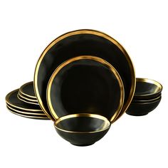 PRICES MAY VARY. UNIQUE DESIGN: Expertly crafted black porcelain match with royal gold rim, perfectly shows a feeling of imperial and honorable. Concave convex pattern not only gives plate and bowl sets aesthetic feeling, but also increases the texture of use. Elegant, fashionable and modern. Perfect match with your favorite tableware and glassware. 𝟏𝟐 𝐏𝐈𝐄𝐂𝐄 𝐃𝐈𝐍𝐍𝐄𝐑𝐖𝐀𝐑𝐄 𝐒𝐄𝐓: Modern black and gold porcelain dining sets. Includes 4*10” round elegant and regal dinner plates, 4*8” Matte Black Plates, Black Dinnerware Set, Black Dinnerware, Gold Dinnerware, Plates And Bowls Set, Kitchen Plate, Gold Living Room, Black Porcelain, Stoneware Dishes