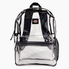 Whether you're headed to campus or going out to a concert, festival, or sporting event, our clear backpack is the perfect accessory. The backpack has adjustable padded shoulder straps you can count on for all-day comfort, a spacious main compartment, side water bottle pocket, and a small zippered pocket to keep your phone, keys, and wallet secure. Nylon Backpack With Transparent Straps For Everyday Use, Casual Mesh Backpack For Daily Use, Casual Mesh Backpack For Back To School, Black Backpack With Clear Strap, Back To School Nylon Bag With Clear Strap, Clear Nylon Backpack For Travel, Clear Nylon Bags For Back To School, Trendy Clear Backpack For School, Clear Rectangular Nylon Backpack